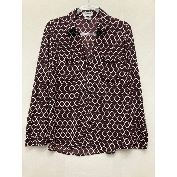 Express Tops - Express Portofino Slim Shirt Large Burgundy Geometric Button Down Office